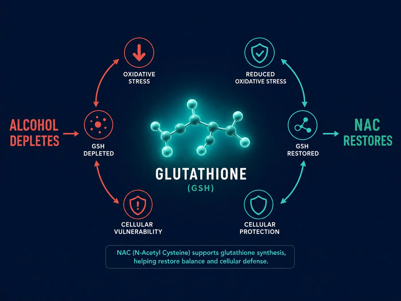 Glutathione cycle: alcohol depletes, NAC restores
